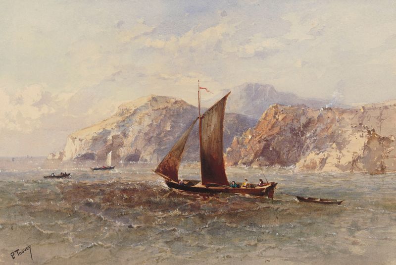 Marine scene depicting turbulent waves and cliffs by Edwin Toovey, oil painting