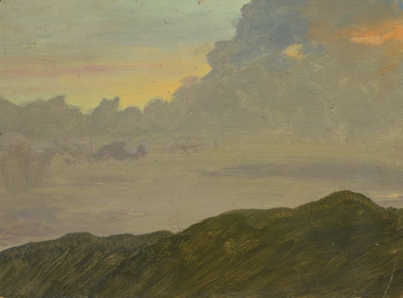 Hilltop and Clouds de Frederic Edwin Church, óleo que muestra un cerro bajo nubes dramáticas.