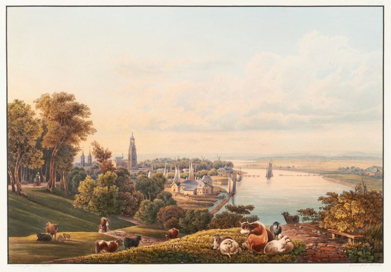Vue de la ville d’Arnheim, óleo sobre tela de Johann Ludwig Bleuler, retratando uma paisagem urbana tranquila.