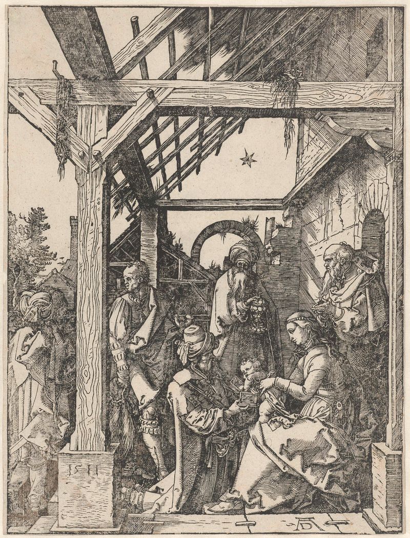 De aanbidding door de koningen, papel de Albrecht Dürer, mostrando a los Magos adorando al niño Cristo.