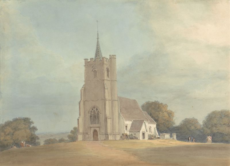 Paisagem com uma igreja e árvores altas, pintura a óleo de Samuel Davis