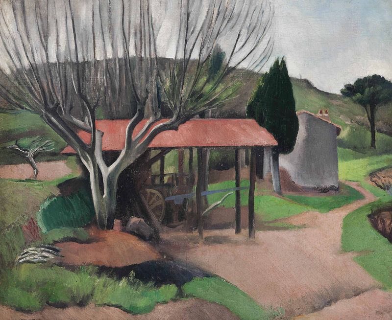 Post-Impressionism landscape with vibrant flowers and rolling hills by Bernard Meninsky