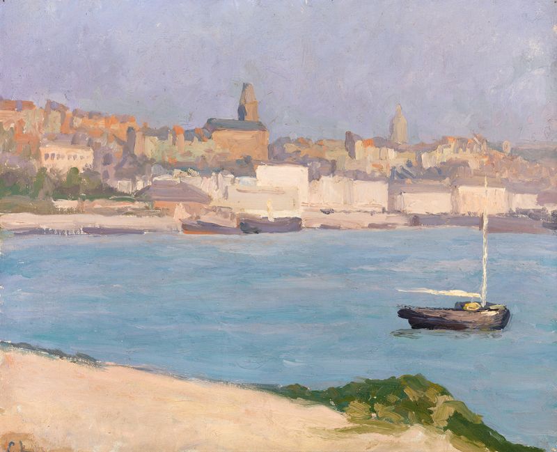 Marine scene at the Port of Boulogne by Eugène Emmanuel Lemercier, oil painting