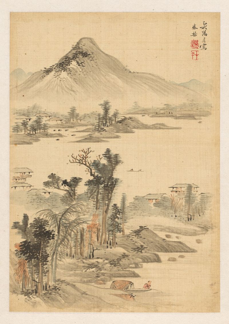 Landscape by Uragami Shunkin, ink on paper, depicting lush greenery and tranquil scenery.
