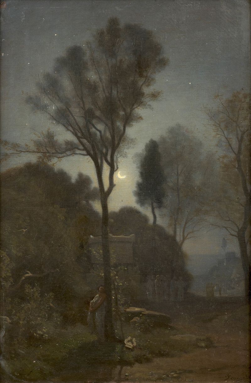 Orphée au tombeau d’Eurydice de Louis Francais, pintura a óleo que retrata Orfeu em uma capa cercado por flora.