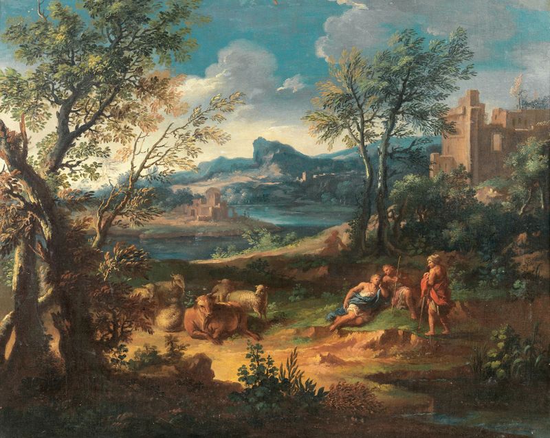 Shepherds resting with their flock by Michele Pagano, oil on canvas