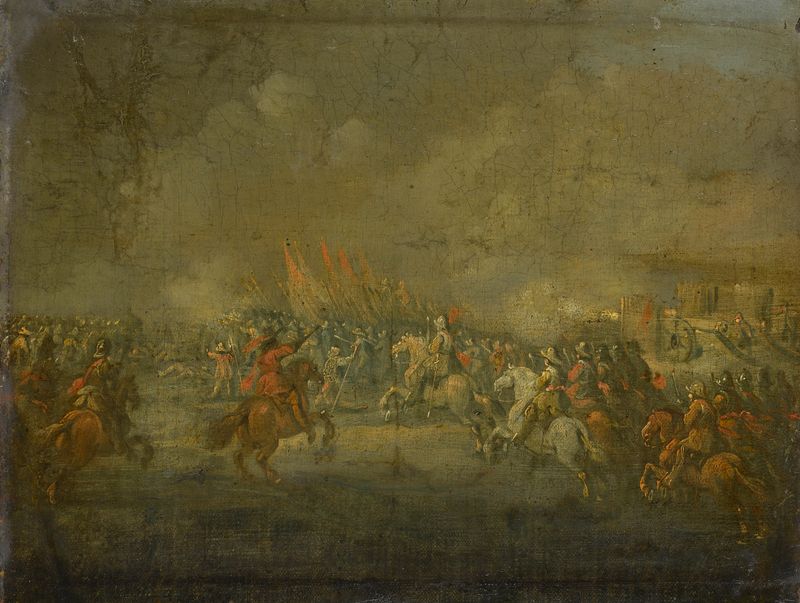 Escena de escaramuza de caballería en óleo sobre panel por Unknown Artist