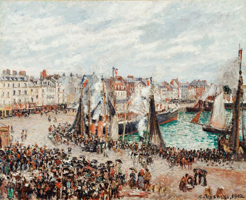 Cena de gênero de um mercado de peixe em Dieppe por Camille Pissarro, pintura a óleo