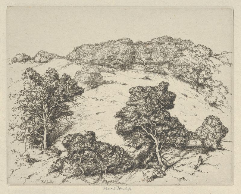 Paisagem representando uma colina e um céu em suaves tons, pintura a óleo de Ernest Haskell