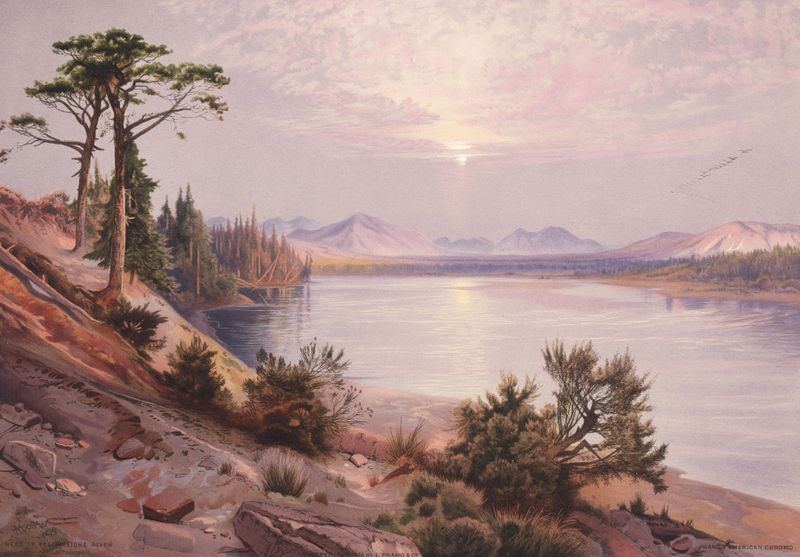 Head of Yellowstone River de Thomas Moran, pintura al óleo que muestra un río en un paisaje exuberante.