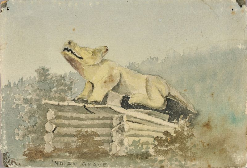 Indian Grave by Theodore J. Richardson, oil on canvas depicting a totem over a grave