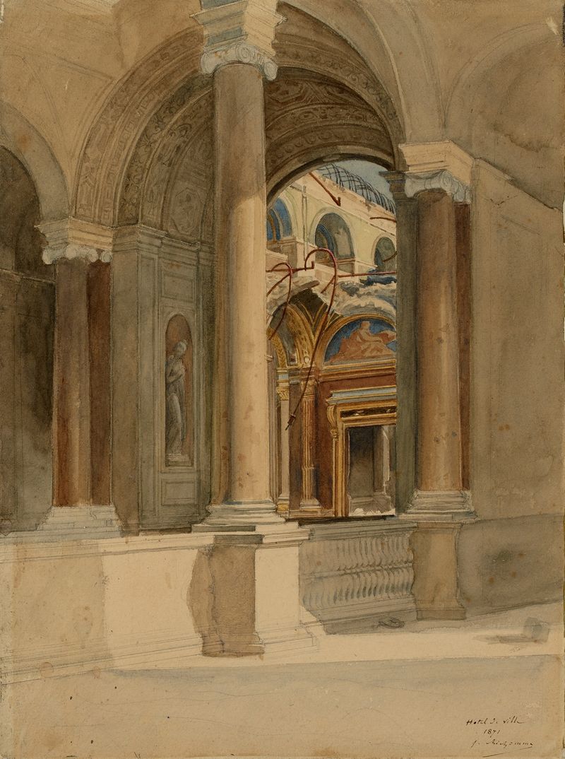 L’Hôtel de Ville après l’incendie 1871 by Jules Richomme, oil on canvas depicting ruins and smoke.