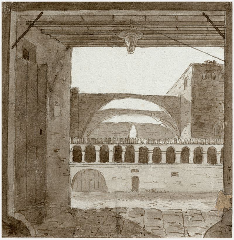 Oil painting by Otto Howen depicting ruins of a monastery in Barcelona