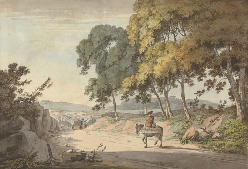 Watercolour by William Payne depicting hills, sky, and clouds.