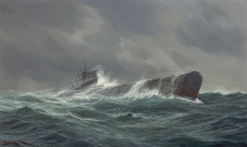 Submarine at sea, óleo sobre tela de Adolf Bock, retratando um submarino deslizando pelas ondas do oceano azul profundo.
