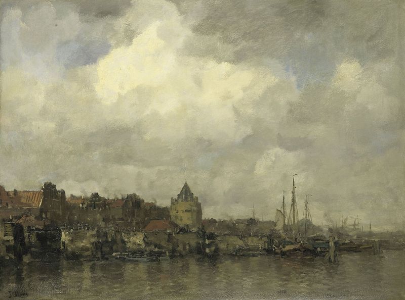 Oil painting by Jacob Maris depicting De Schreierstoren in Amsterdam at sunrise.