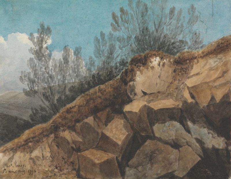 Study of Rocks, near Pencerrig, Wales by Thomas Jones, oil painting depicting rugged rocks and nature.