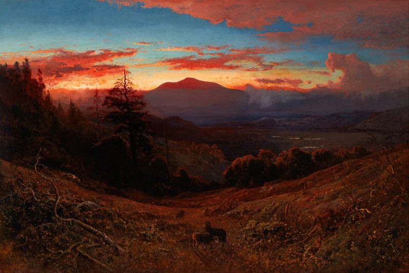 Sunset on Mount Diablo de William Keith, óleo sobre lienzo, que muestra un vibrante atardecer sobre montañas.