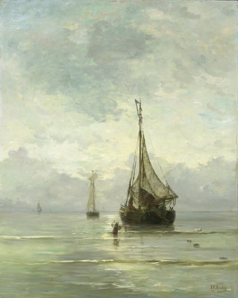 Seascape by Hendrik Willem Mesdag, oil painting depicting calm waters and gentle waves.