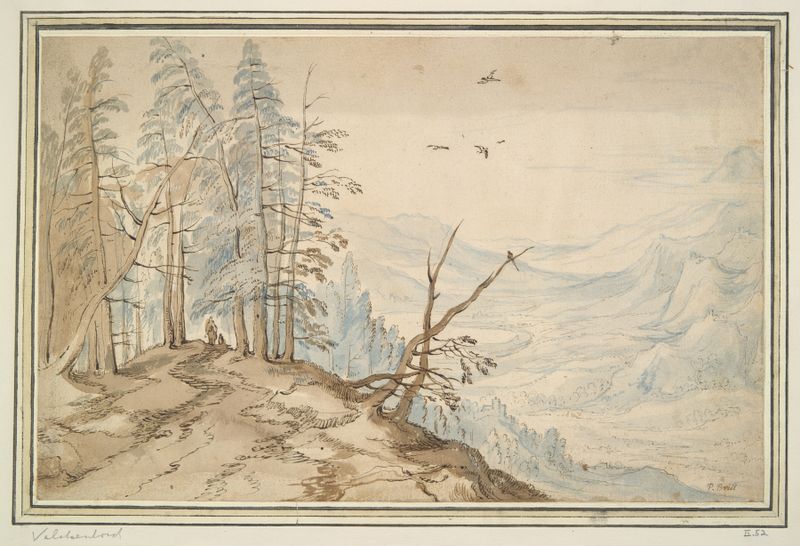 Landscape oil painting by Follower of Jan Brueghel the Elder, depicting a valley and mountains.