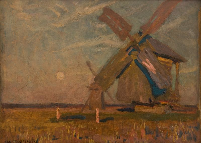 Paisaje con Molinos de Viento de Jan Stanisławski, óleo sobre lienzo que muestra molinos y un vasto cielo.