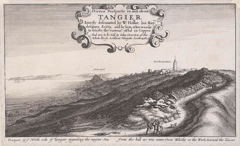Gravura de Wenceslaus Hollar mostrando fortificações e a baía de Tânger
