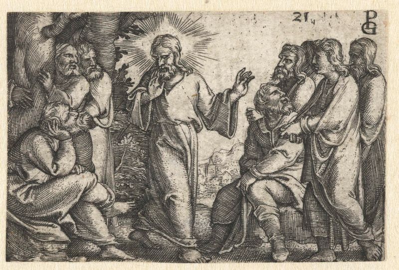 Gravura de Georg Pencz retratando Cristo ensinando seus discípulos com luz.