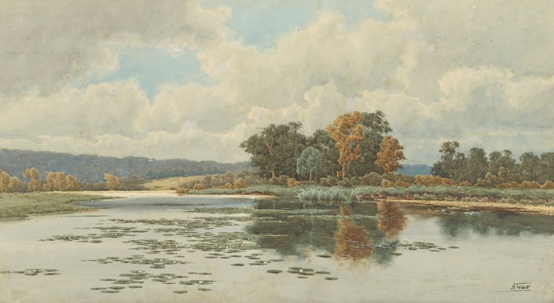 Pangbourne Woods, Upper Thames de Henri Tebbitt, óleo sobre lienzo que muestra luz a través de los árboles.