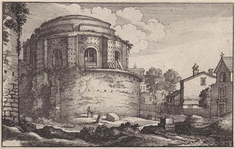 Grabado de Wenceslaus Hollar que muestra una estructura romana circular con piedras antiguas