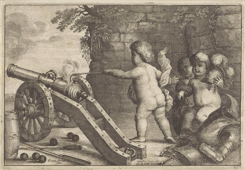 Grabado de Wenceslaus Hollar que muestra querubines disparando un cañón con llamas.