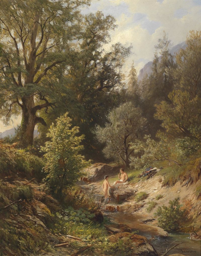 Figurative scene of boys playing by the river, oil painting by Johann Varrone