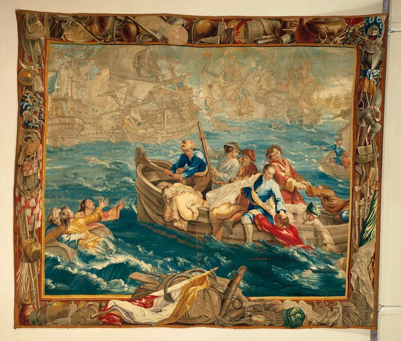 Tapiz de Josse de Vos que representa un barco en medio de olas turbulentas
