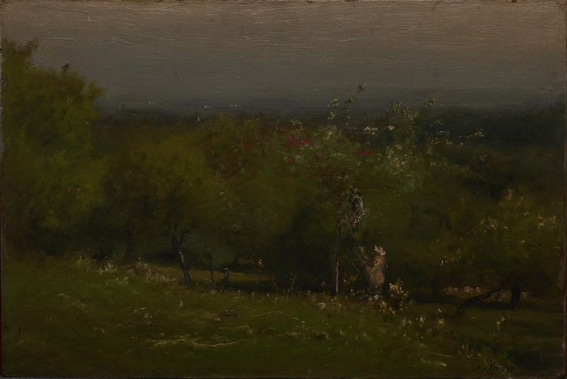 Apple Orchard by George Inness, oil on canvas showing lush trees and dappled light.