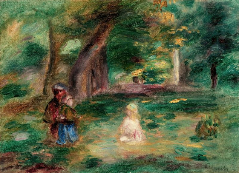 Trois personnages dans un paysage de Pierre-Auguste Renoir, pintura al óleo que muestra figuras en un paisaje vibrante.
