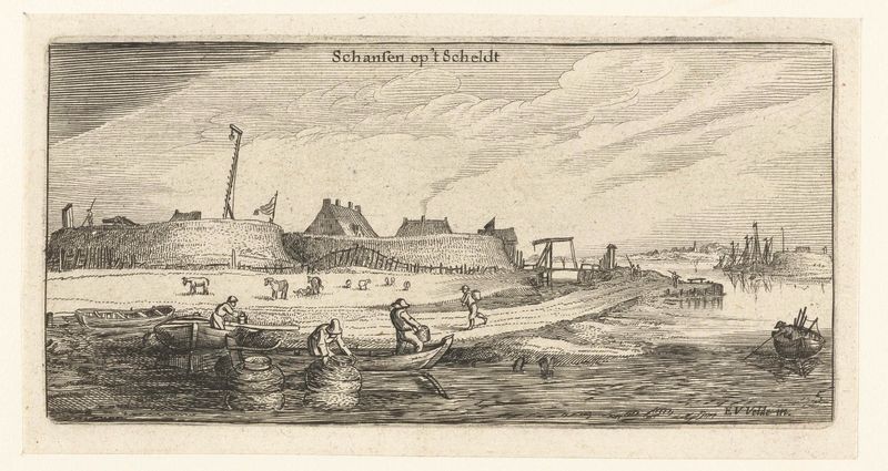 Botes de pesca en el río con figuras, grabado de Esaias van de Velde