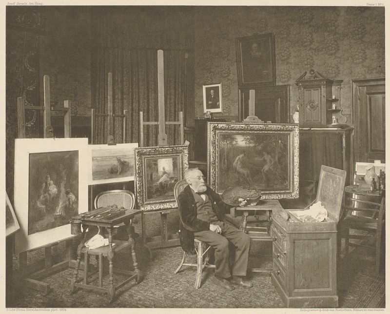 Retrato de Jozef Israëls em seu ateliê, aquatinta de Sigmund Löw