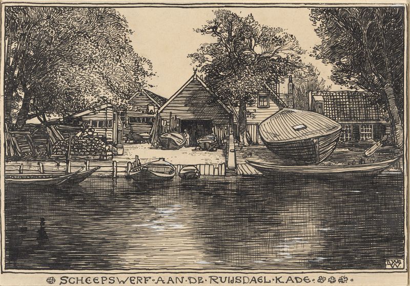 Pintura a óleo de Willem Wenckebach retratando um estaleiro em Amsterdã.