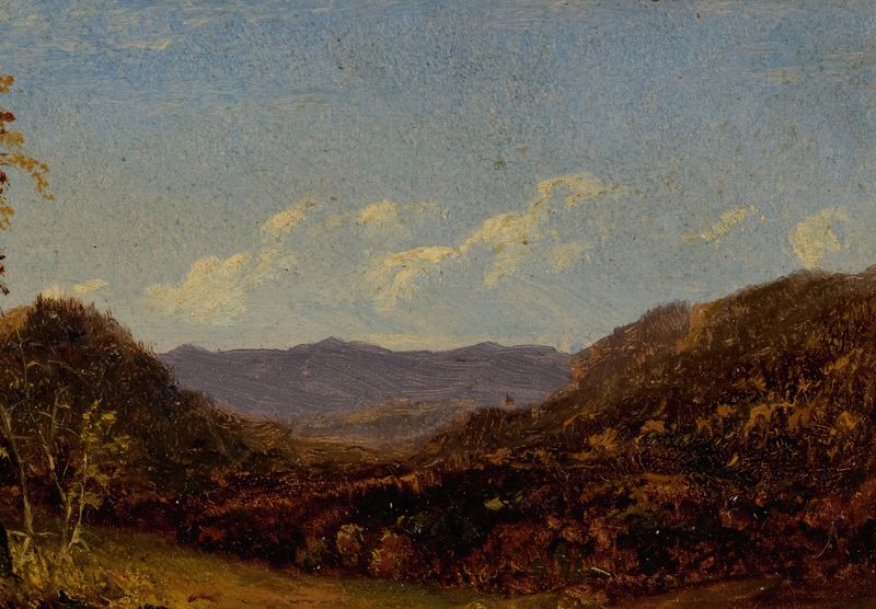 Landscape with Mountains de David Johnson, pintura a óleo que retrata montanhas enevoadas e vales exuberantes.