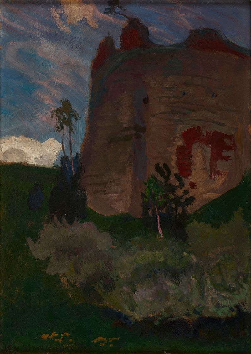 Tower at Tenczyn by Jan Stanisławski, oil painting depicting a tower illuminated by light.