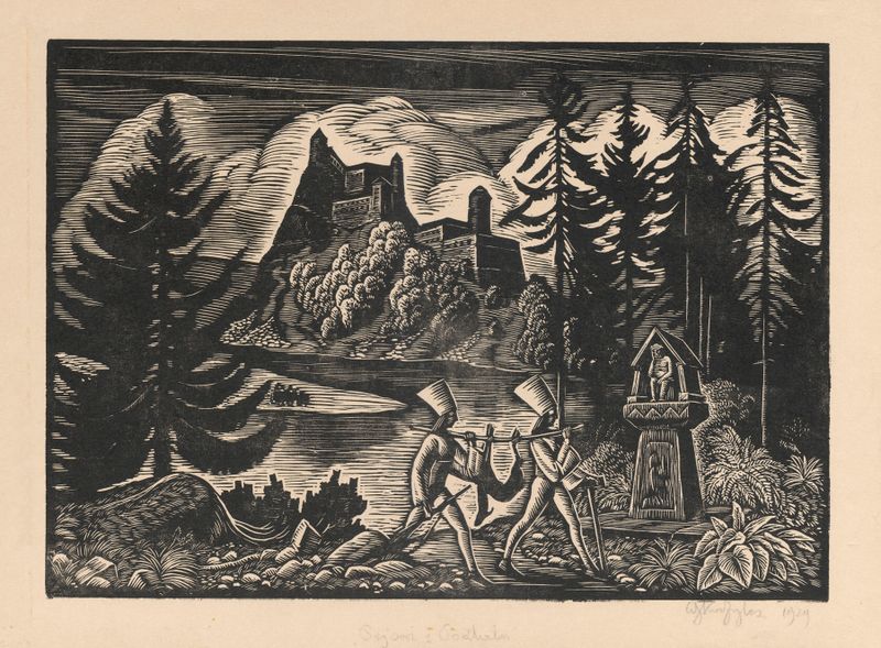 Xilografía de Władysław Skoczylas que muestra figuras solemnes en tonos terrosos apagados
