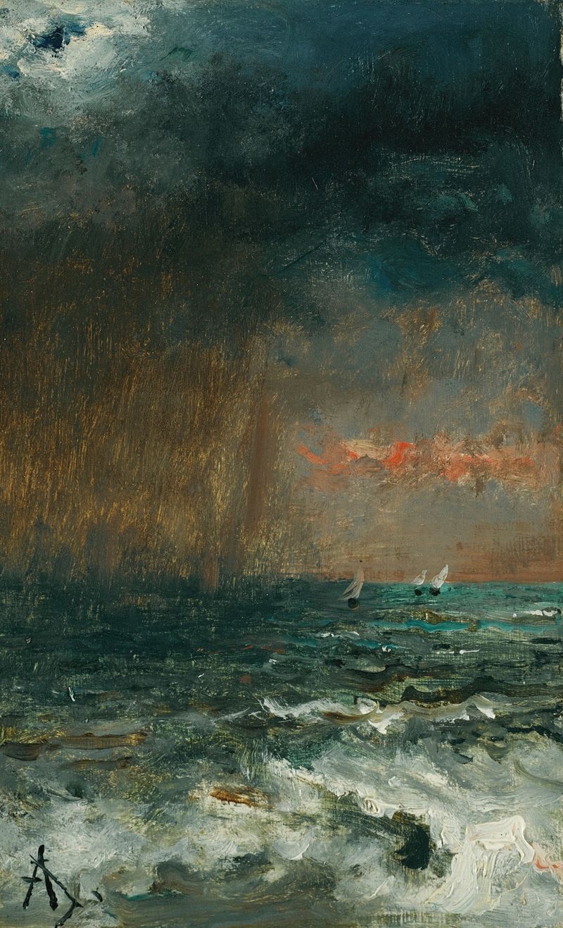 A Storm At Sea by Alfred Stevens, oil painting depicting turbulent waves and emotional chaos.