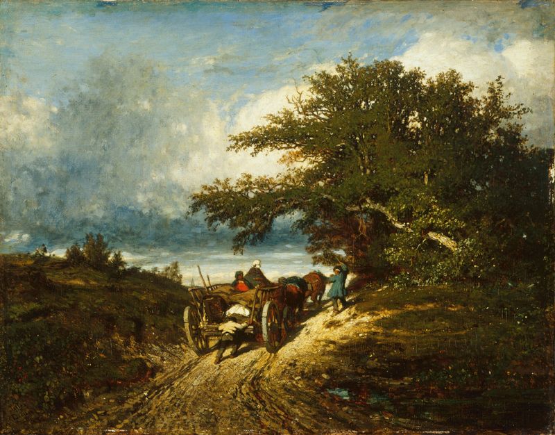 Landscape with a dirt path leading to the horizon, oil painting by Jules Dupré