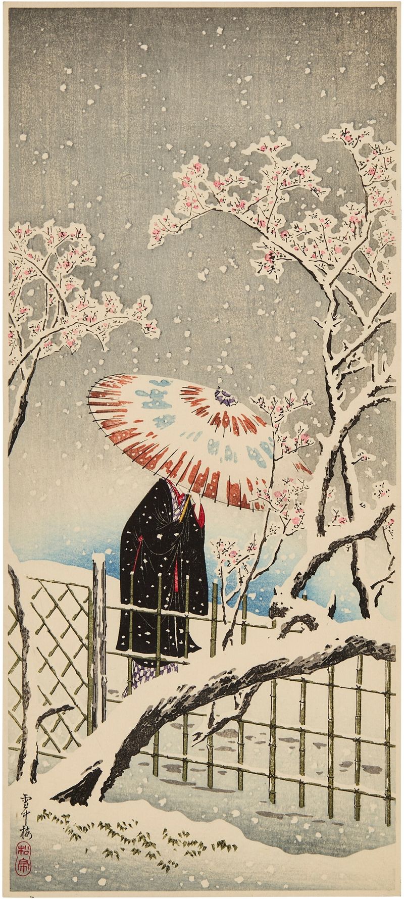 Grabado en madera de Takahashi Hiroaki que muestra un puente cubierto de nieve en un paisaje invernal