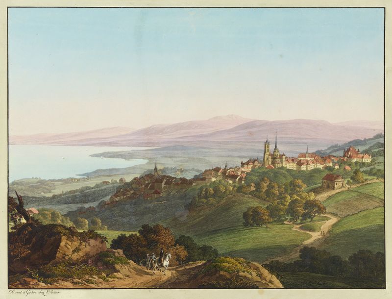Vue de Lausanne by Jean-Antoine Linck, oil painting of a tranquil lake landscape.