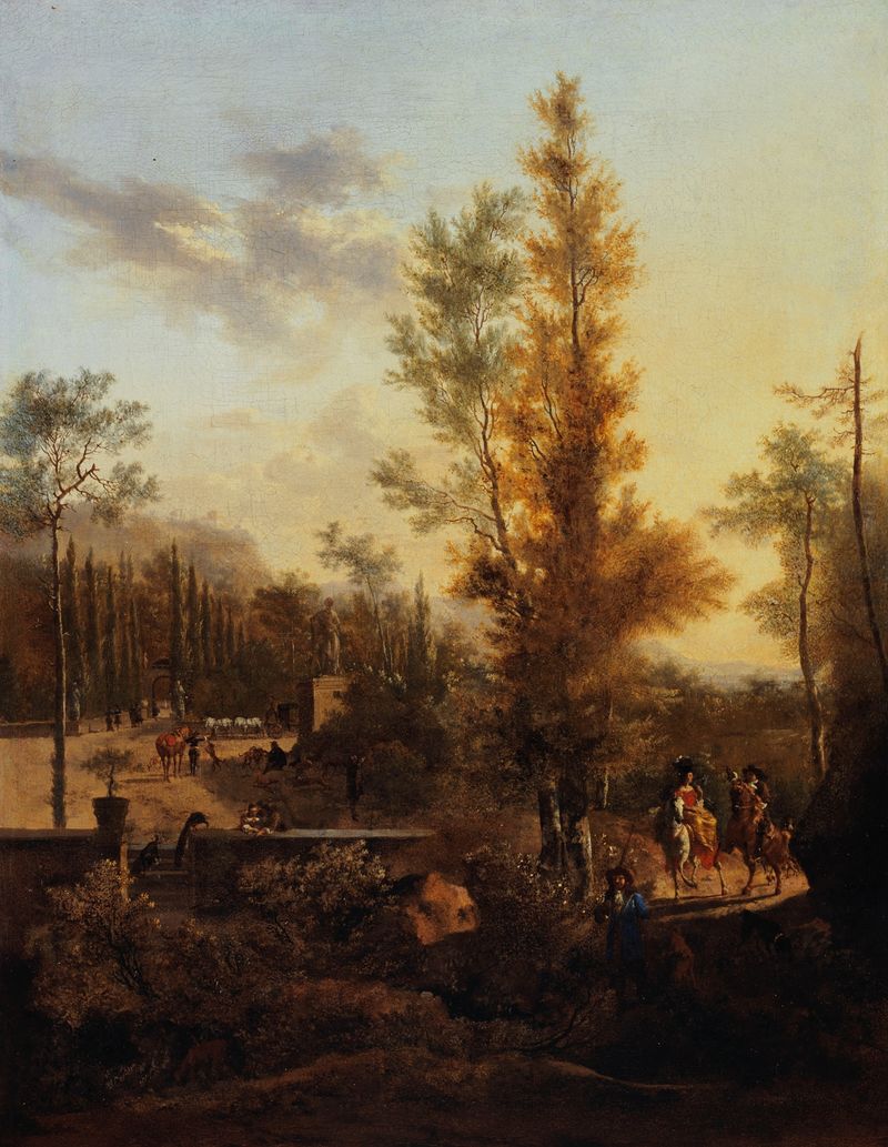 Le Départ pour la chasse de Frederik de Moucheron, óleo sobre lienzo que muestra jinetes en un paisaje exuberante.