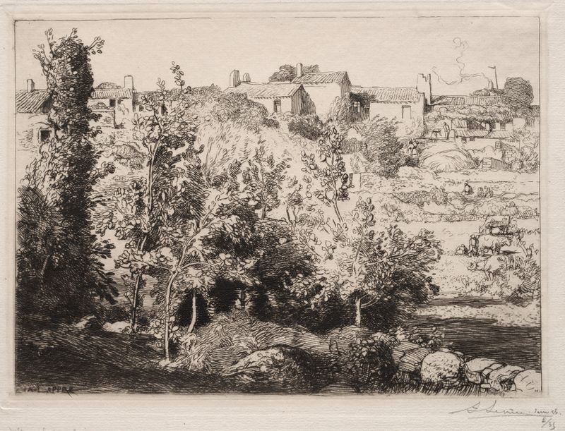 Village of Meule de Auguste Louis Lepère, Impresionismo, que representa un paisaje de pueblo tranquilo.