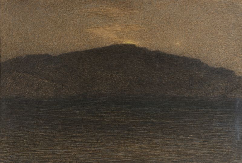 Twilight in Spring I de Karl Nordström, pintura al óleo que representa un paisaje vibrante al atardecer.