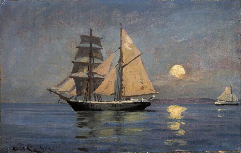 Escena marina con luz de luna reflejándose en el agua por Carl Locher, pintura al óleo