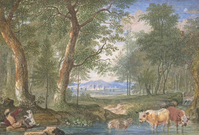 Landscape with Cows in a Brook by Felix Meyer, depicting serene nature with a brook and cows, oil painting