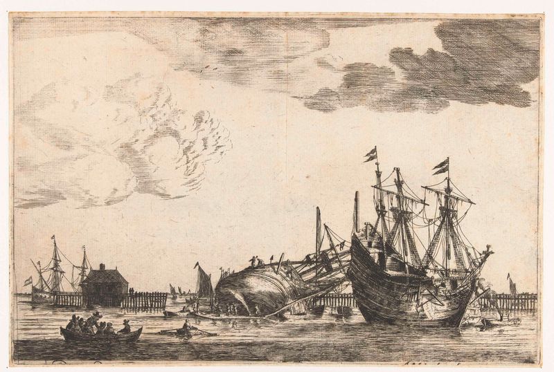Dos barcos en un puerto esperando reparación, grabado de Reinier Nooms